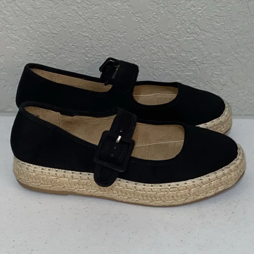 Sun + Stone Black Canvas Poppyy Espadrilles Mary Janes Shoes Women’s Size 7.5